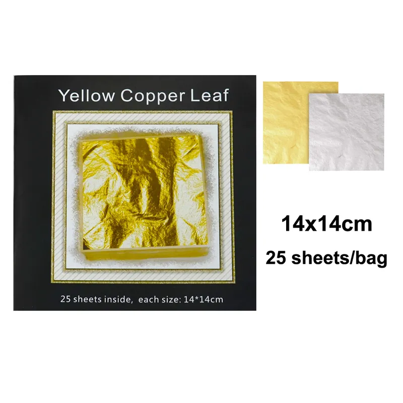 25 Sheets 14X14 Cm Imitation Golden Metal Yellow Copper Leaf for Craft and Decoration (FM04)
