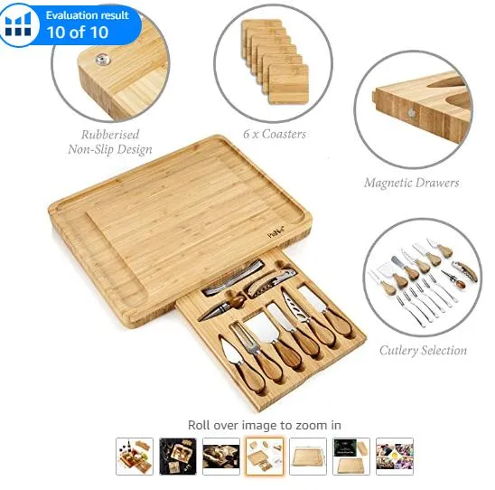 Bamboo Cheese Board with Charcuterie Serving Board Platter and Knife Set with Hidden Slid-out Drawer
