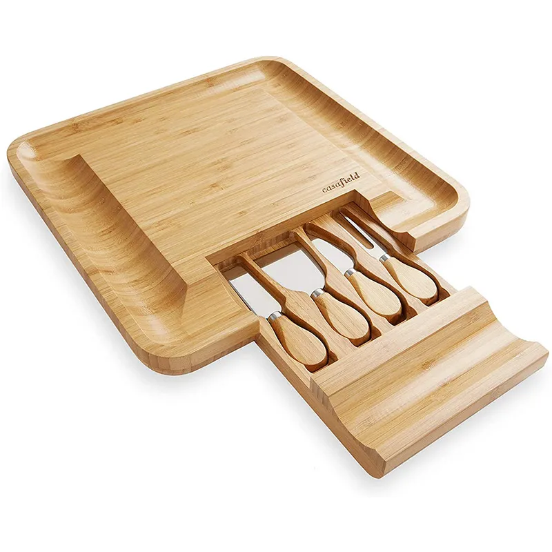 Bamboo Cheese Board with Charcuterie Serving Board Platter and Knife Set with Hidden Slid-out Drawer