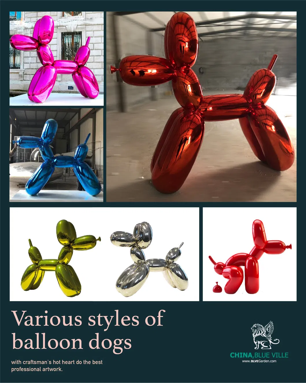 Blve Modern Pop Art Abstract Stainless Steel Shit Balloon Dog Statue Sculpture