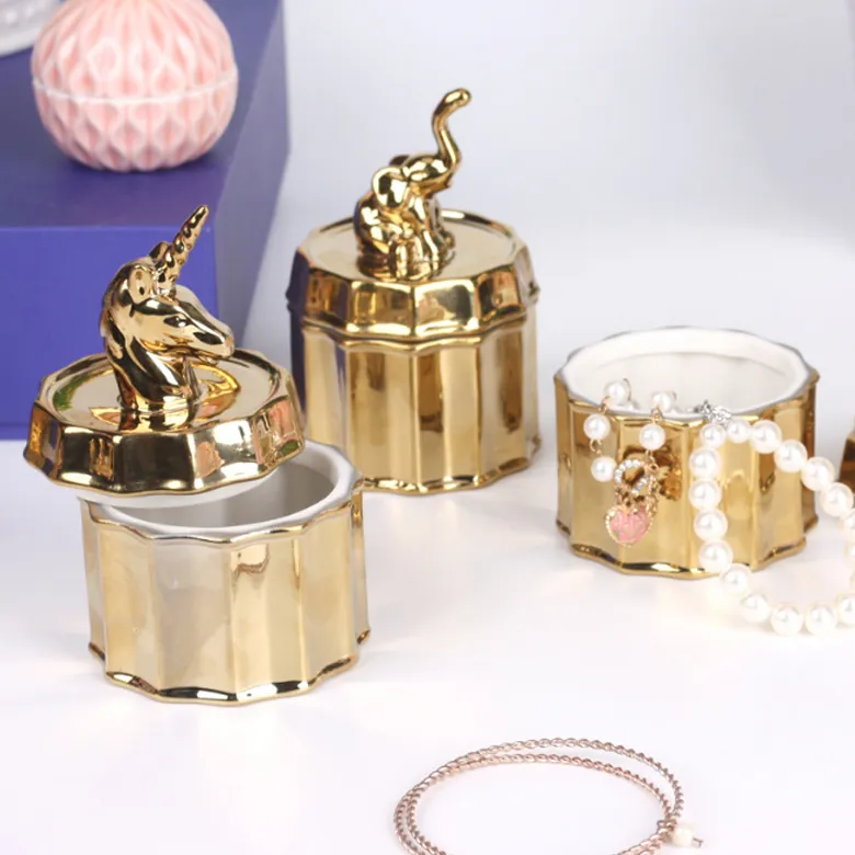Custom Ceramic Plating Golden Porcelain Animal Unicorn Shape Hanging Jewelry Storage Organizer