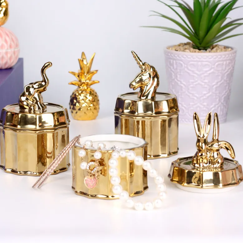 Custom Ceramic Plating Golden Porcelain Animal Unicorn Shape Hanging Jewelry Storage Organizer