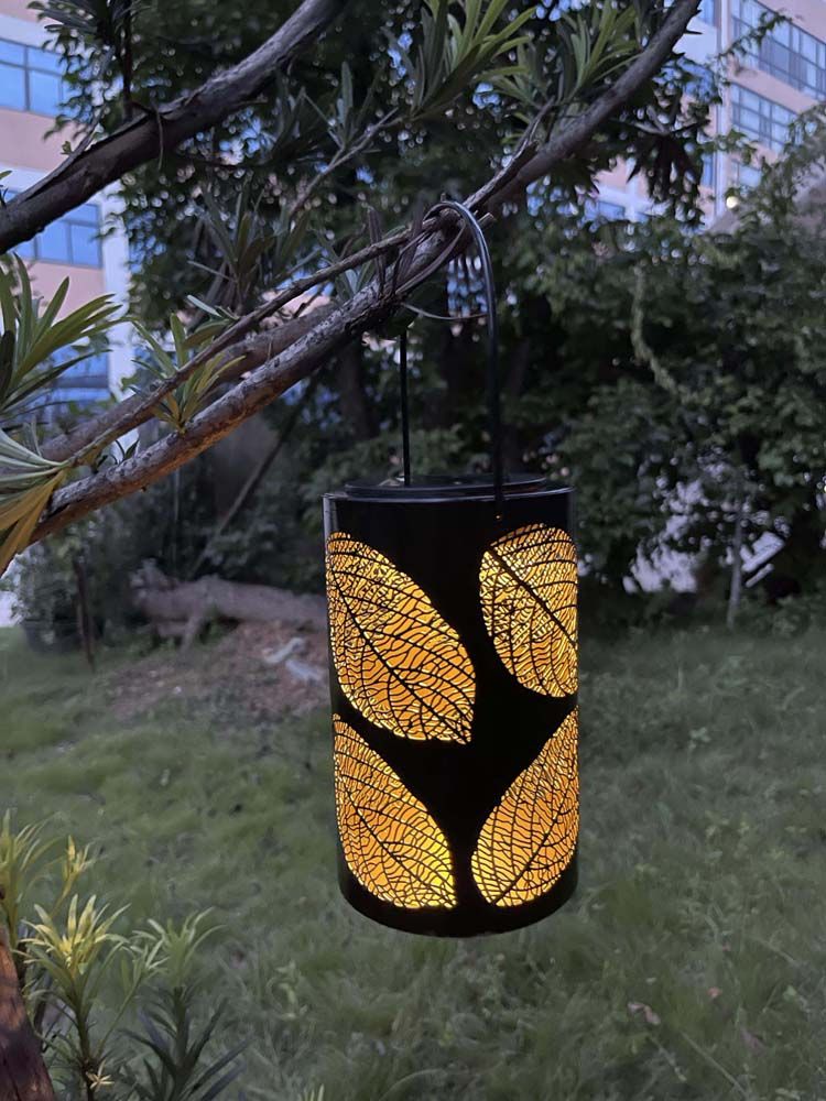 Cylinder-Shape LED Solar Metal Lantern Leaves Patterns Hollow Carved with Handle