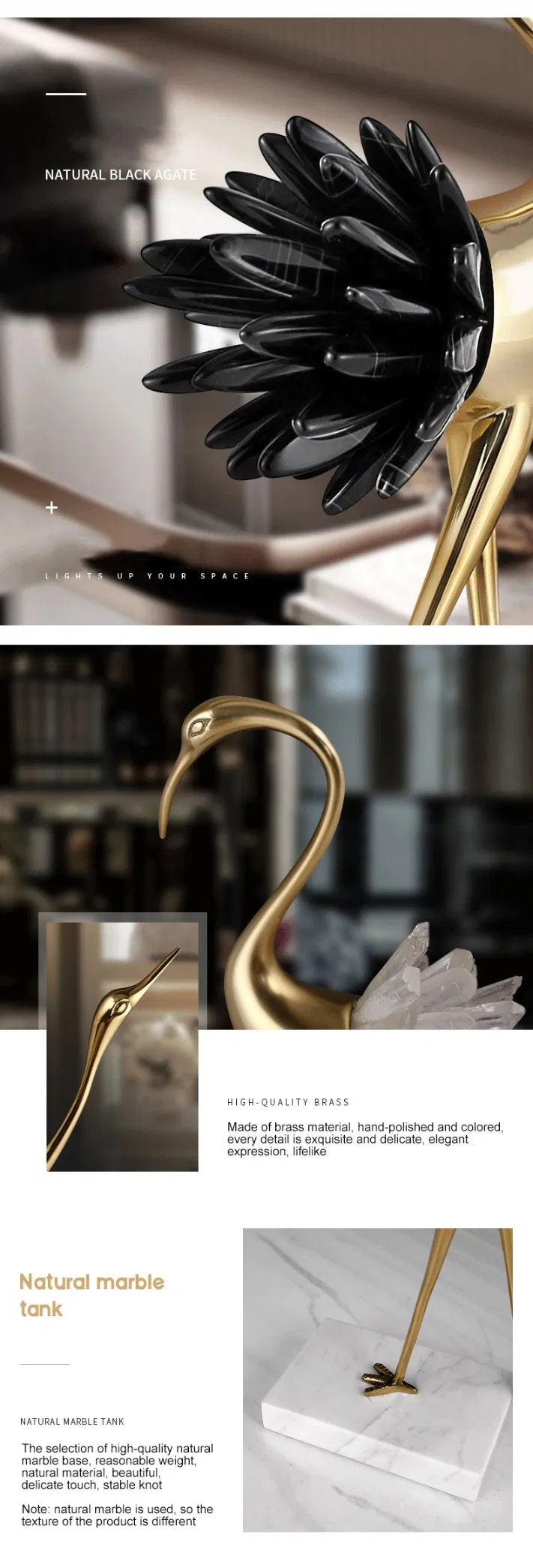 Light Luxury Accessories Natural White Blue Crystal Stone Copper Crane Furnishings Living Room Study Office Gifts Home Decor