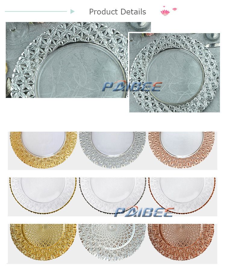 Paibee 2019 New Glass Charger Wedding Decoration Platter Kitchenware Dinnerware Party Rental Charger