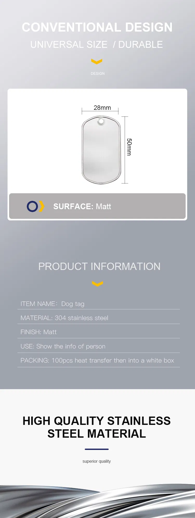 Stainless Steel Metal Dog Tag Necklace Without Ball Chains for Decoration