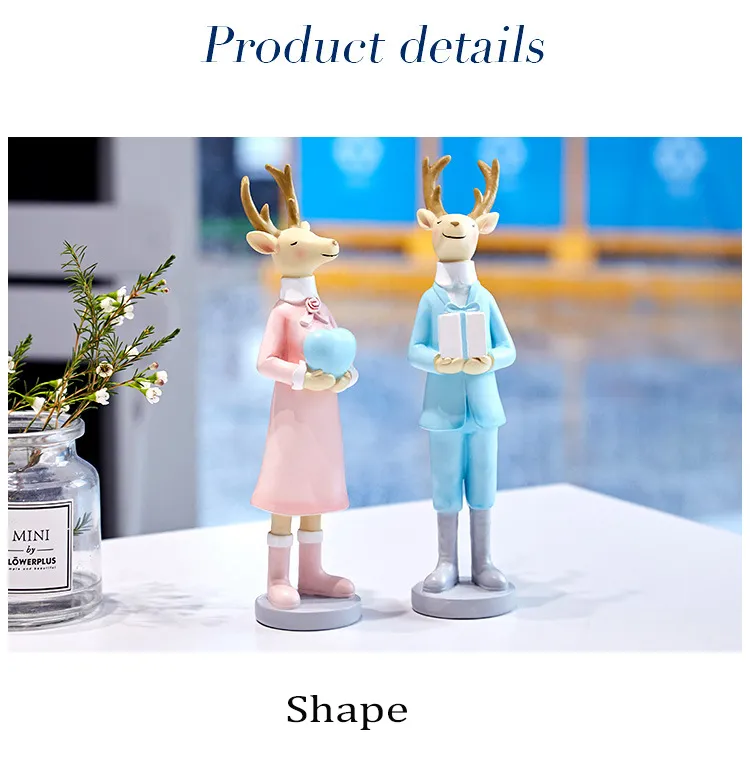 Sweet & Romantic Deer Couples Standing Decor Resin Cartoon Elk Dressing Figurine for Christmas Gifts and Decoration