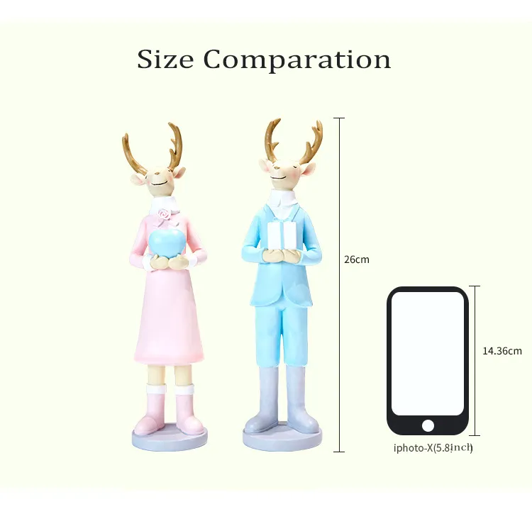 Sweet & Romantic Deer Couples Standing Decor Resin Cartoon Elk Dressing Figurine for Christmas Gifts and Decoration