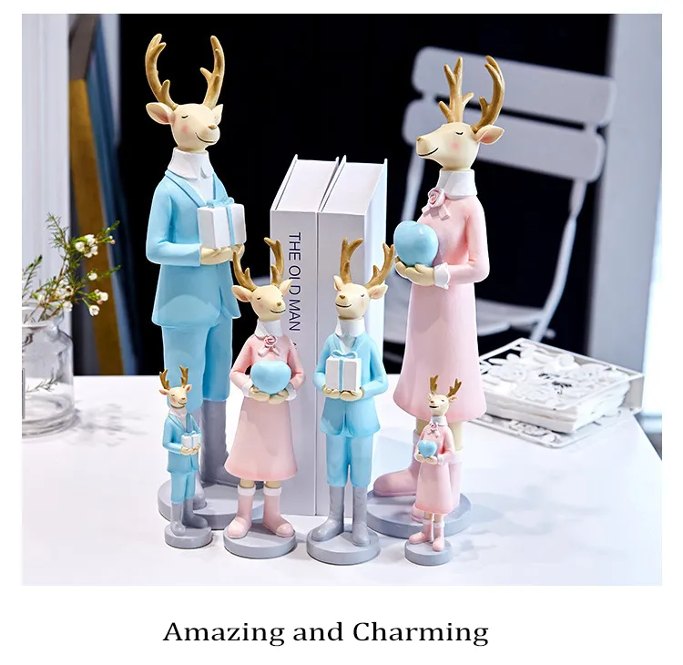 Sweet & Romantic Deer Couples Standing Decor Resin Cartoon Elk Dressing Figurine for Christmas Gifts and Decoration