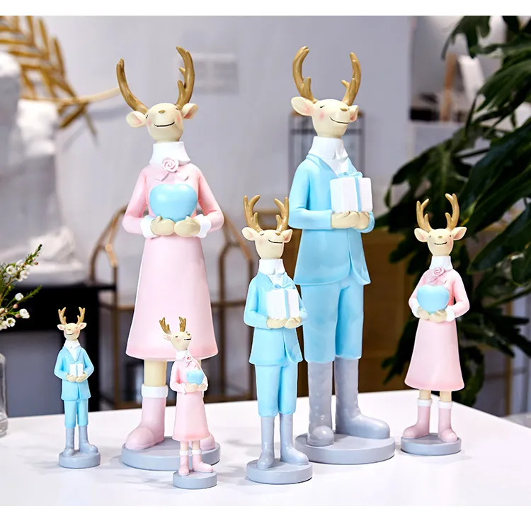 Sweet & Romantic Deer Couples Standing Decor Resin Cartoon Elk Dressing Figurine for Christmas Gifts and Decoration