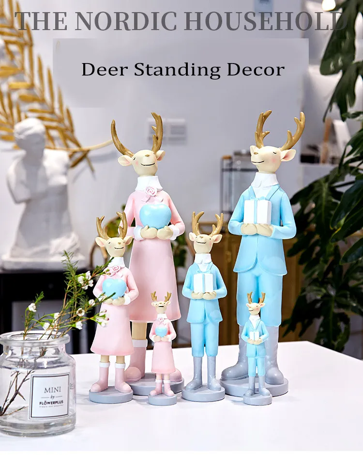 Sweet & Romantic Deer Couples Standing Decor Resin Cartoon Elk Dressing Figurine for Christmas Gifts and Decoration