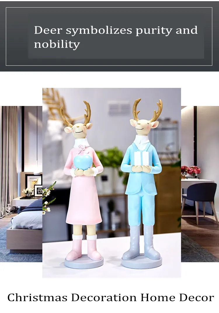 Sweet & Romantic Deer Couples Standing Decor Resin Cartoon Elk Dressing Figurine for Christmas Gifts and Decoration