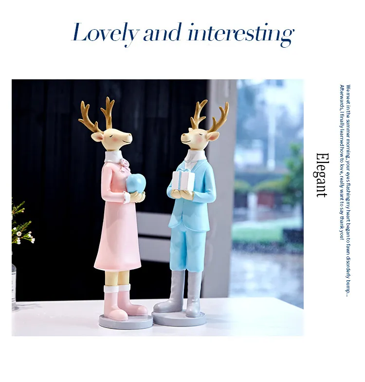 Sweet & Romantic Deer Couples Standing Decor Resin Cartoon Elk Dressing Figurine for Christmas Gifts and Decoration