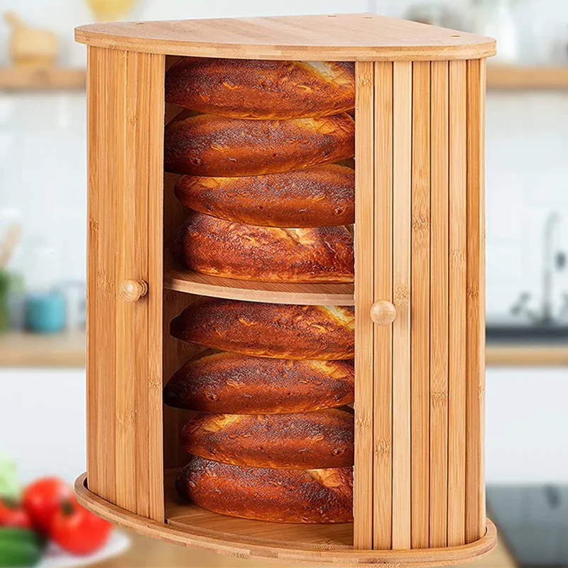 Triangle Bamboo Bread Box with Teo Side Door