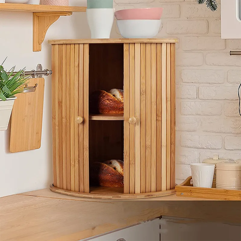 Triangle Bamboo Bread Box with Teo Side Door