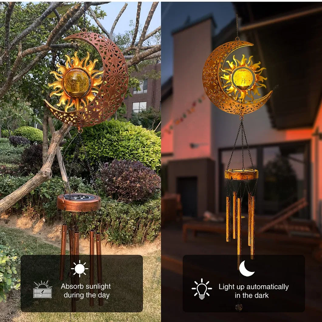 Wholesale Factory Direct Waterproof Solar Hanging Moon Sun Wind Chimes LED Light with Crackle Glass Ball Gift for Garden Yard Patio