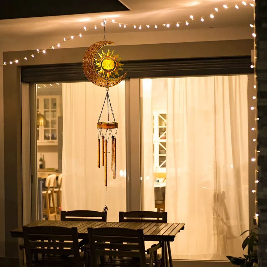 Wholesale Factory Direct Waterproof Solar Hanging Moon Sun Wind Chimes LED Light with Crackle Glass Ball Gift for Garden Yard Patio