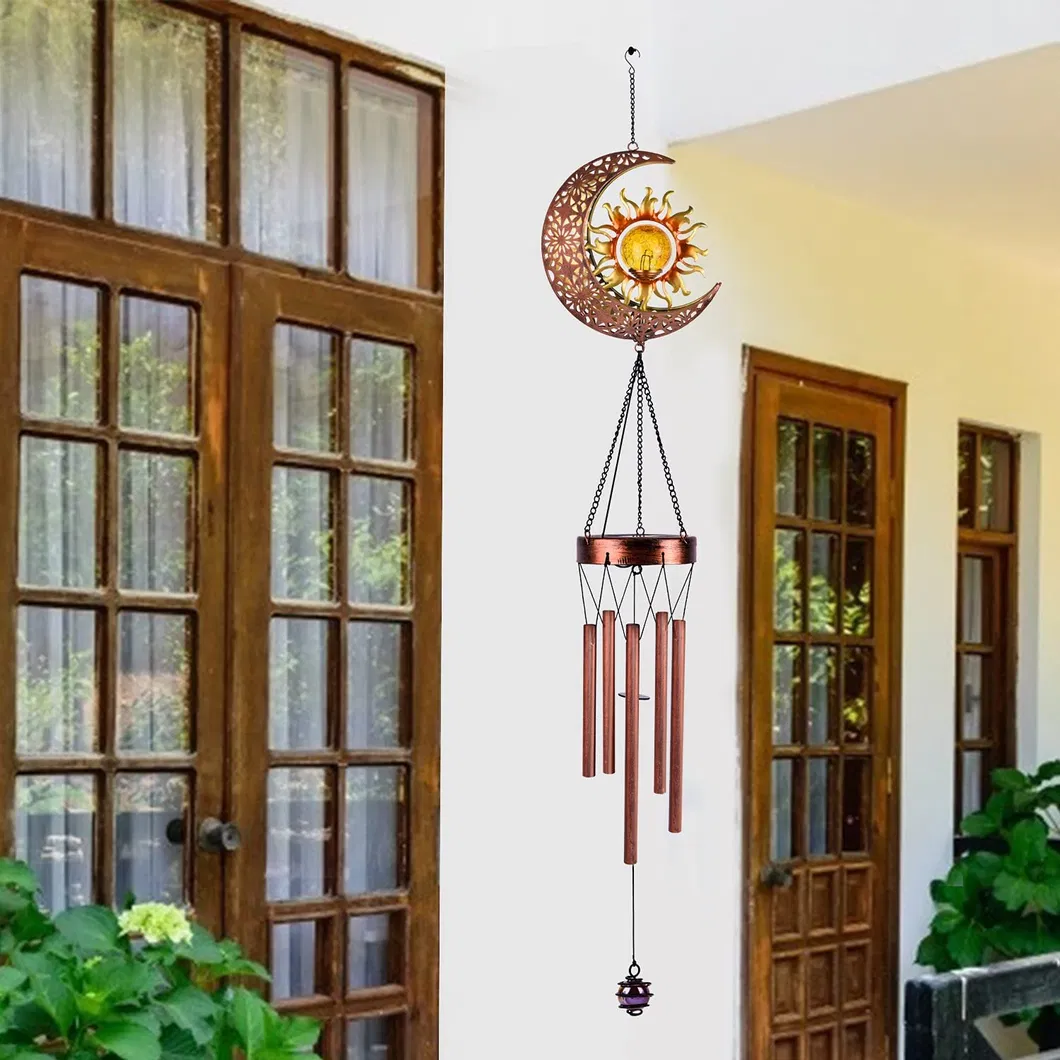 Wholesale Factory Direct Waterproof Solar Hanging Moon Sun Wind Chimes LED Light with Crackle Glass Ball Gift for Garden Yard Patio