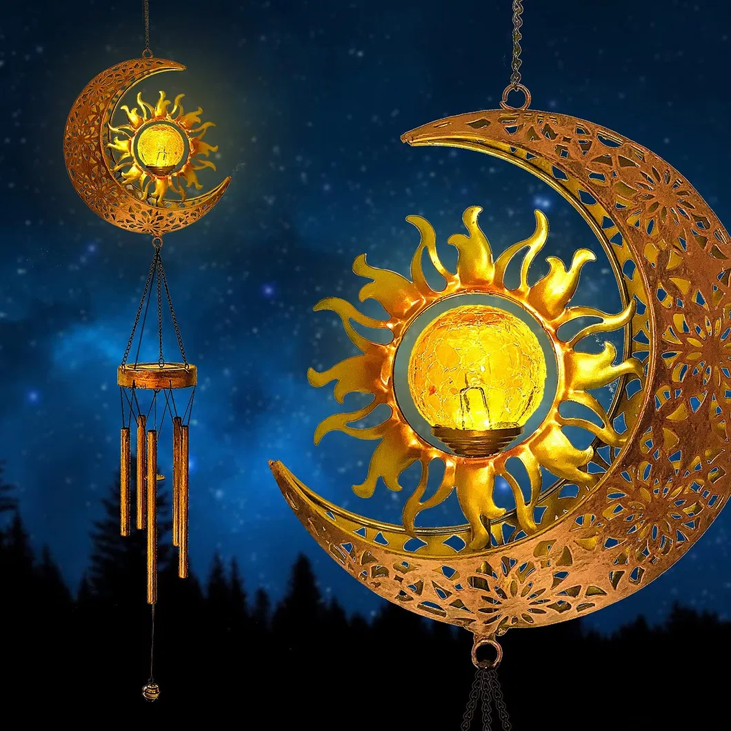Wholesale Factory Direct Waterproof Solar Hanging Moon Sun Wind Chimes LED Light with Crackle Glass Ball Gift for Garden Yard Patio
