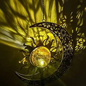 Wholesale Factory Direct Waterproof Solar Hanging Moon Sun Wind Chimes LED Light with Crackle Glass Ball Gift for Garden Yard Patio