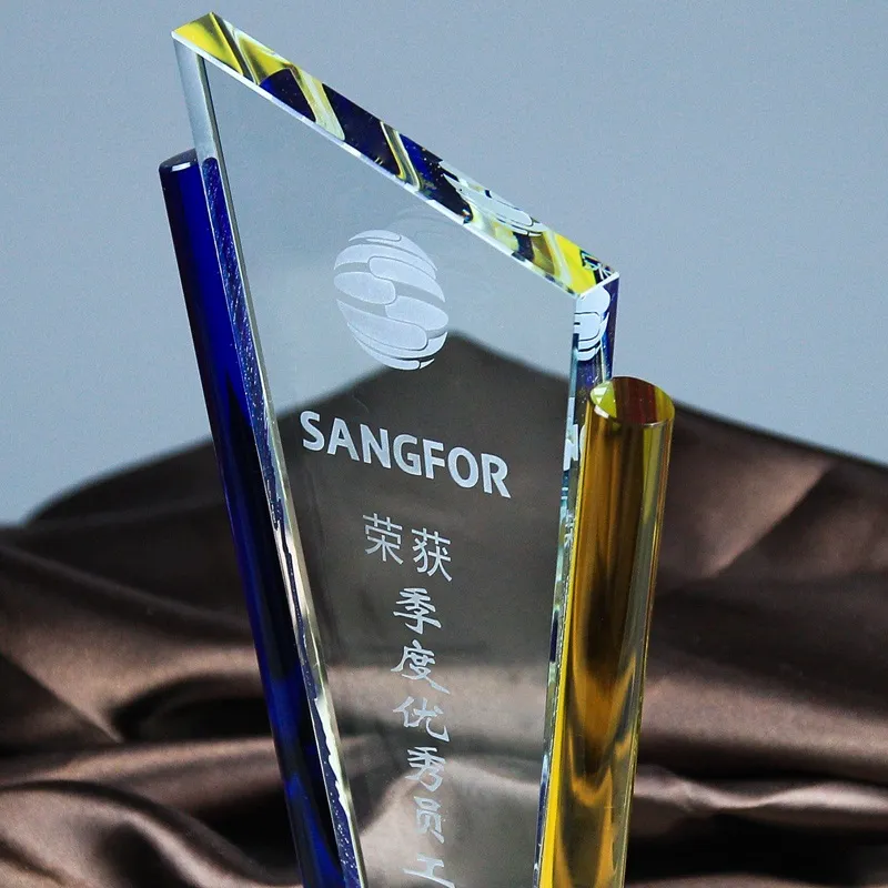 Wholesale High-Quality Blue Yellow Crystal Trophy Glass Awards for Business Gifts
