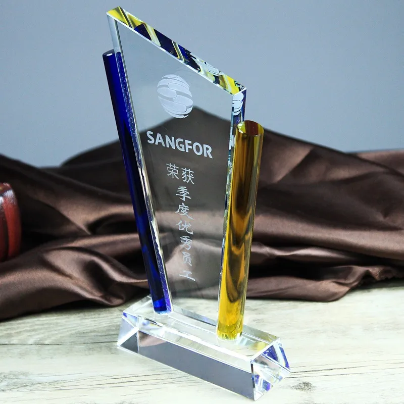 Wholesale High-Quality Blue Yellow Crystal Trophy Glass Awards for Business Gifts